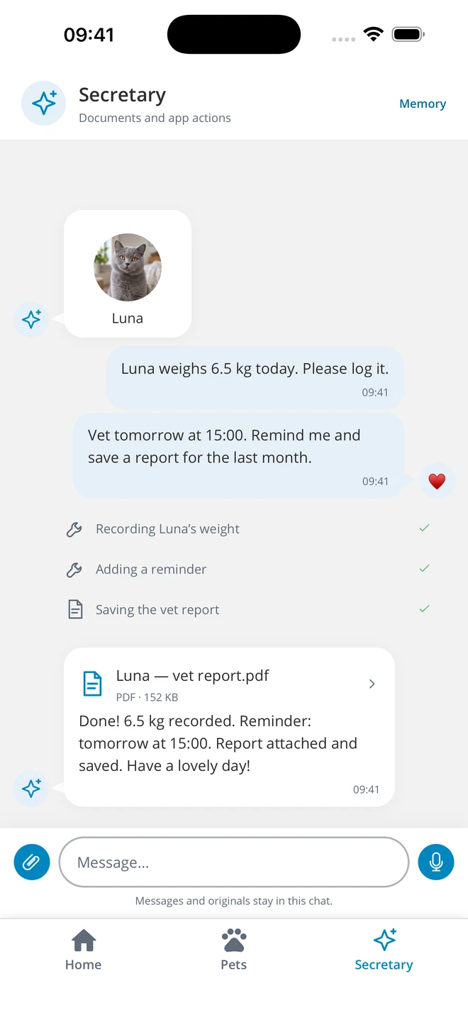 Messages and saved records in Secretary — demo data