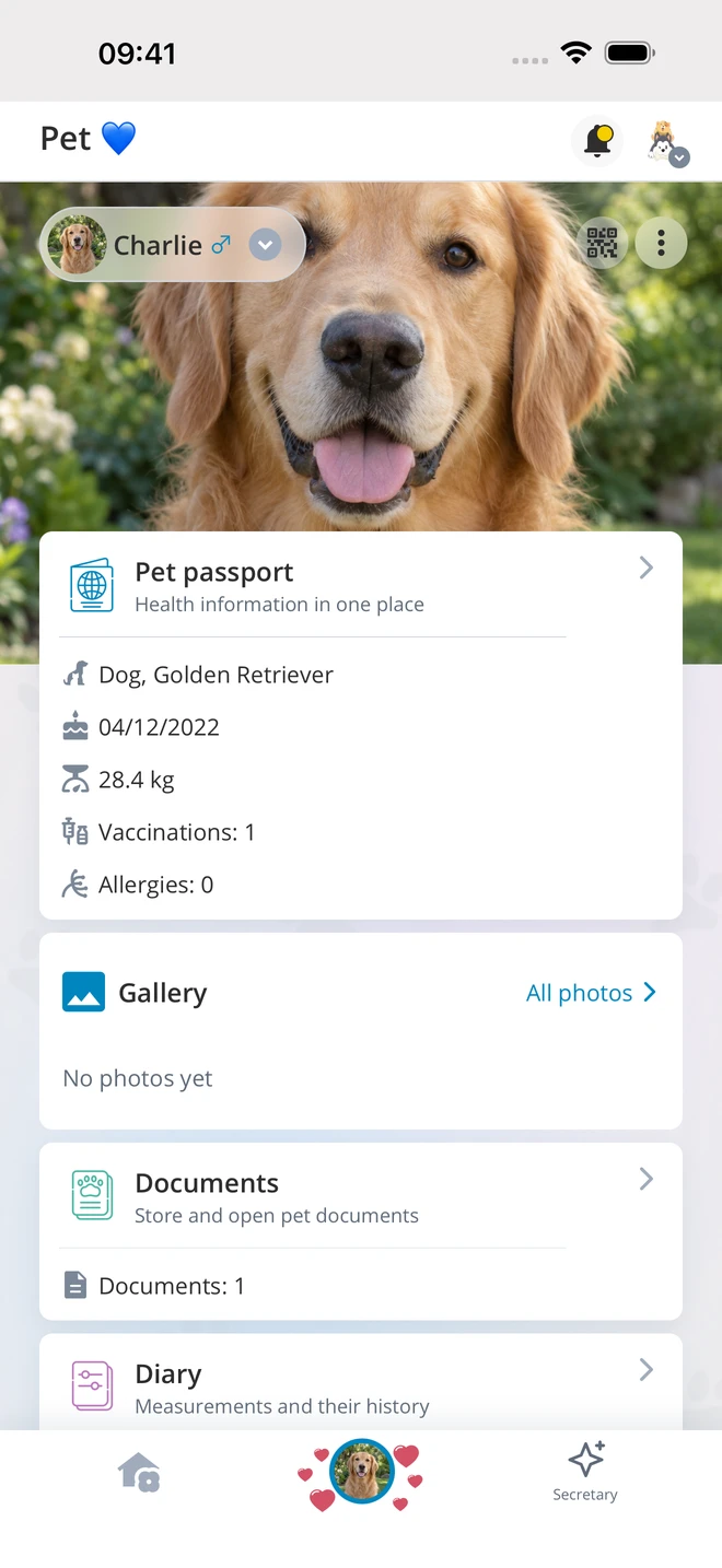 Pet profile with a passport and documents — demo data