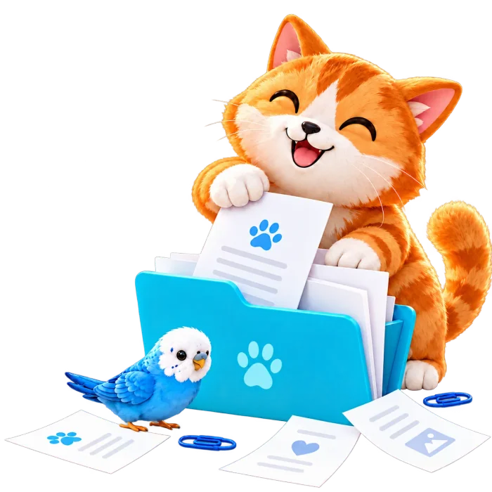 A cat sorting documents with a blue bird nearby