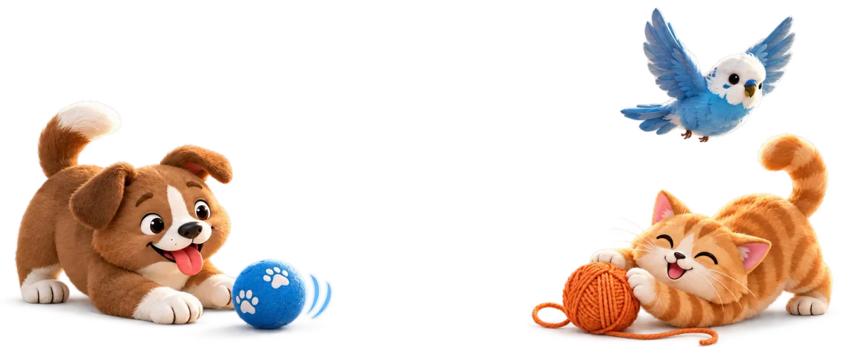A dog playing with a ball, a cat with yarn, and a bird flying above