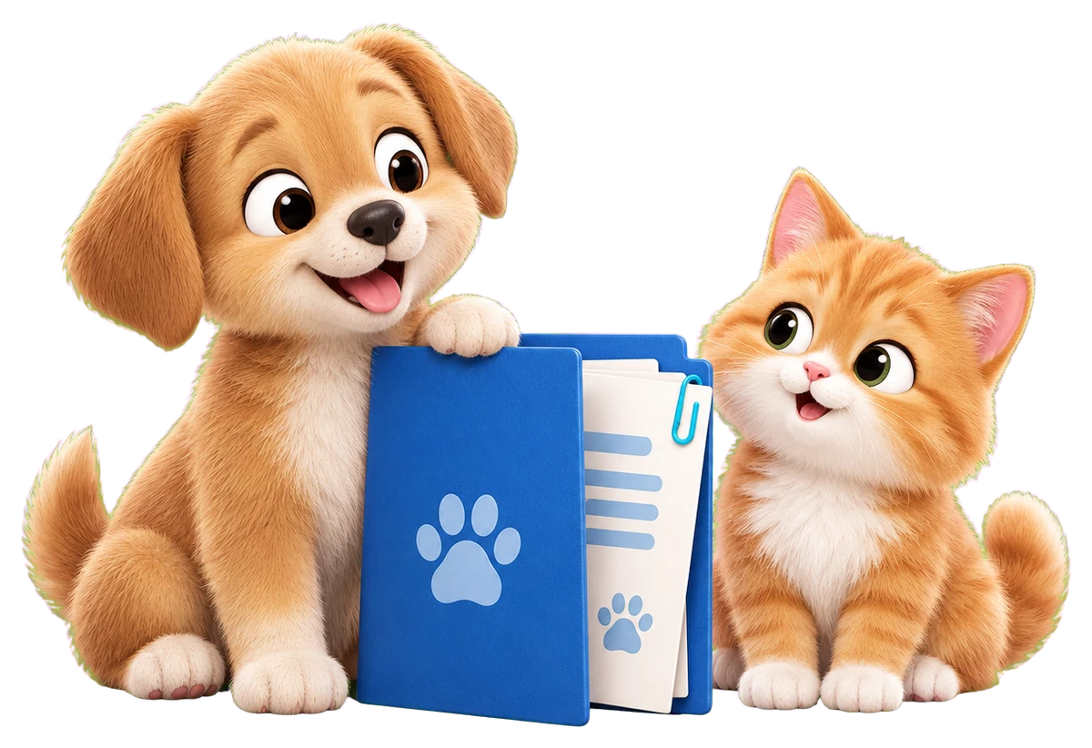 A puppy and kitten with a document folder